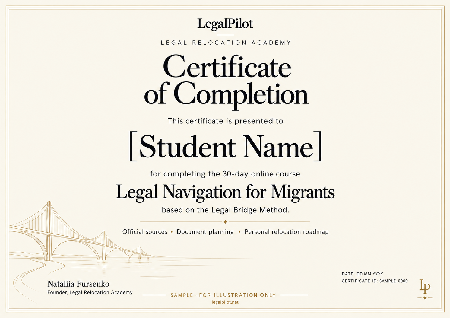 Sample completion certificate for Legal Navigation for Migrants at Legal Relocation Academy