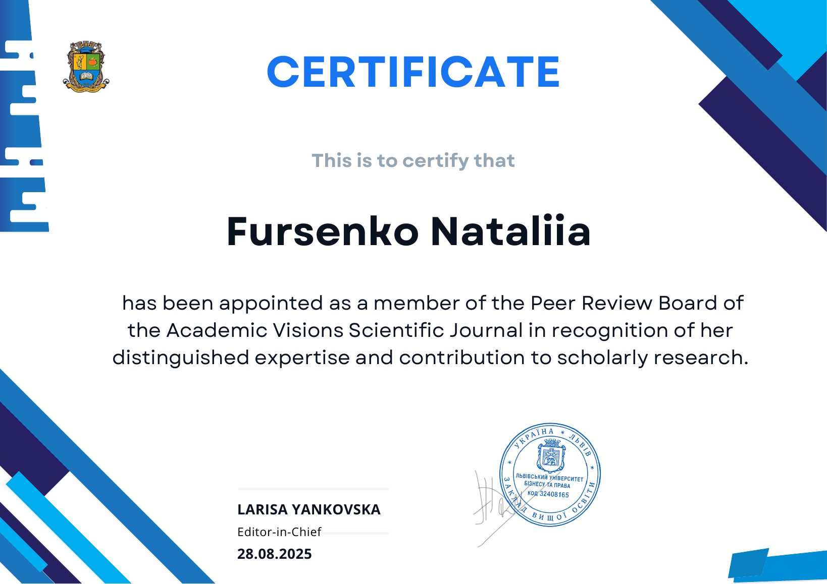 Academic Visions peer review board certificate