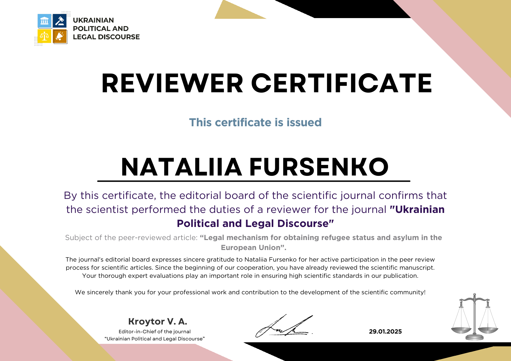 Ukrainian Political and Legal Discourse completed peer review certificate